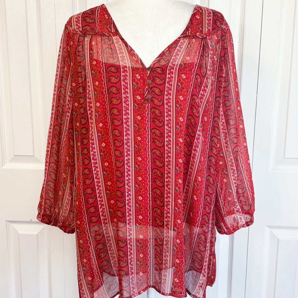Rose & Olive 2X Red Boho Print Sheer Peasant Blouse w/ Cami Tank